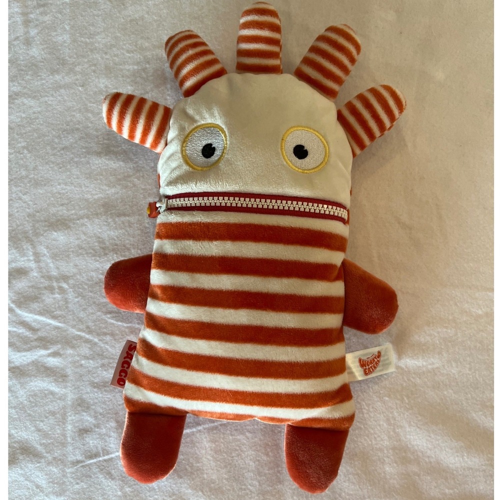 Worry Eaters Saggo Orange White Striped Plush Monster Zipper Mouth Toy 1010 NWT